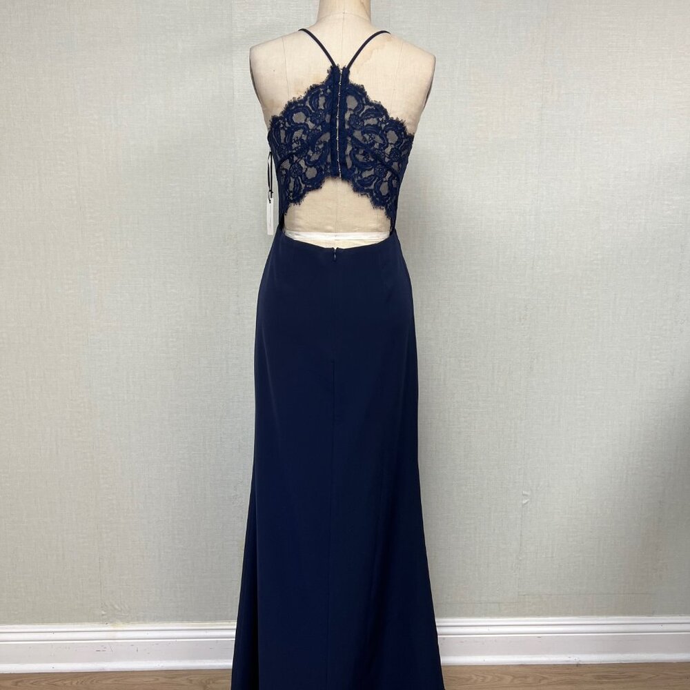 NWT Lovers + Friends Spaghetti Strap Lace Back Front Slit Navy Maxi Dress Size 6